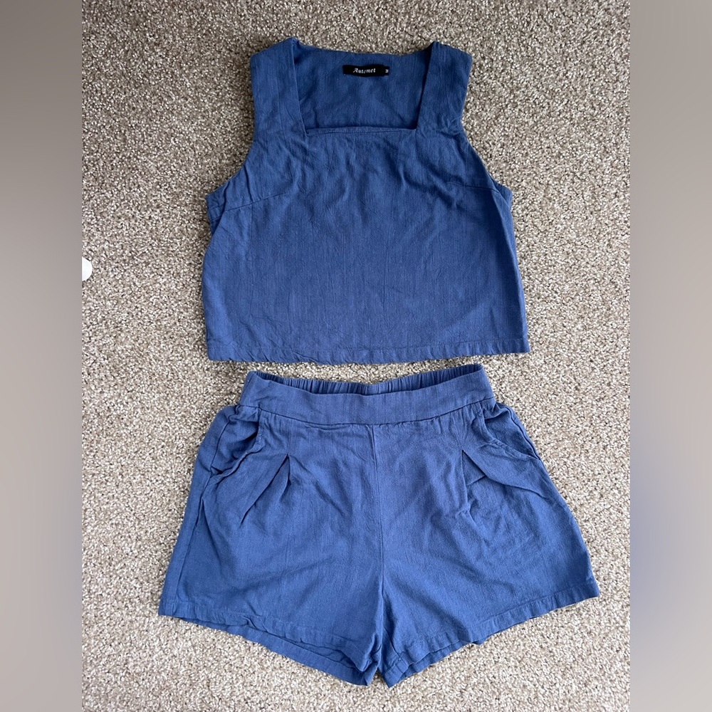 Blue Sleeveless Top and Shorts Linen Matching Set - Picture 2 of 2